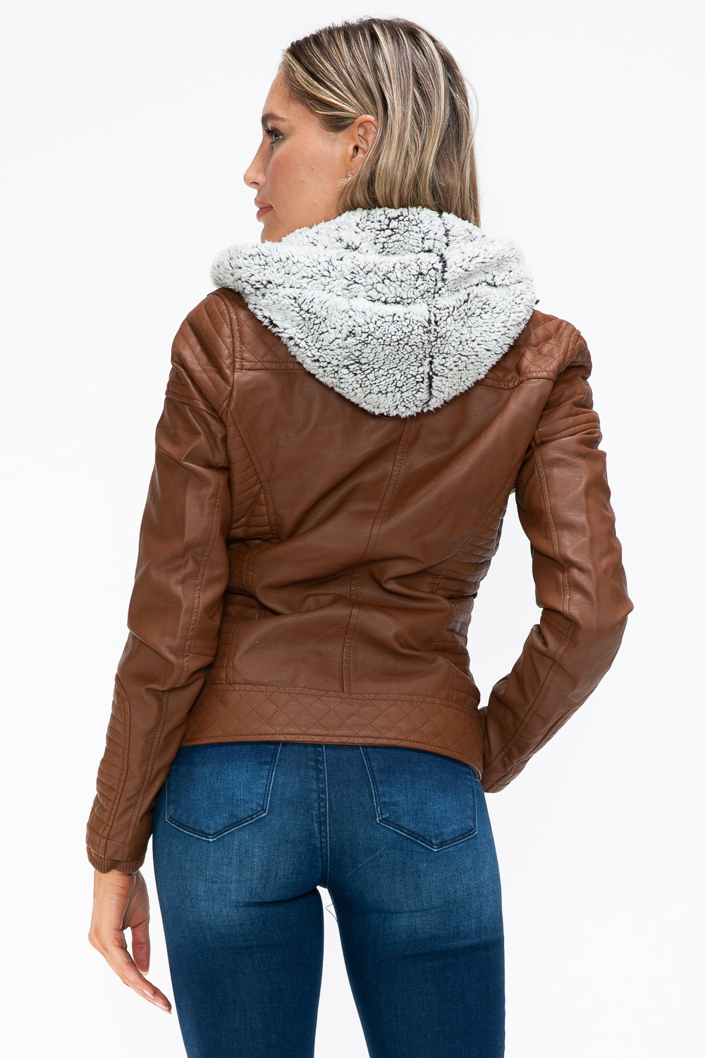 YMI Faux Layered Double-Zipper Jacket with Fuzzy Hood - Teresa's Fashionista LLC