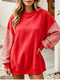 Christmas-Themed Contrast Gingham Long Sleeve Sweatshirt