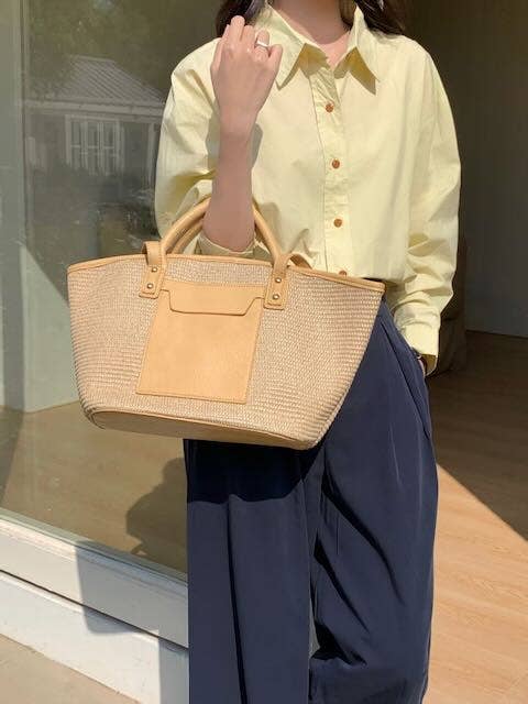 P25037 Straw Tote Bag w/Front Pocket