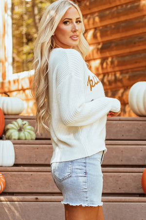Pumpkin Embroidery Long Sleeve Sweater - Teresa's Fashionista LLC