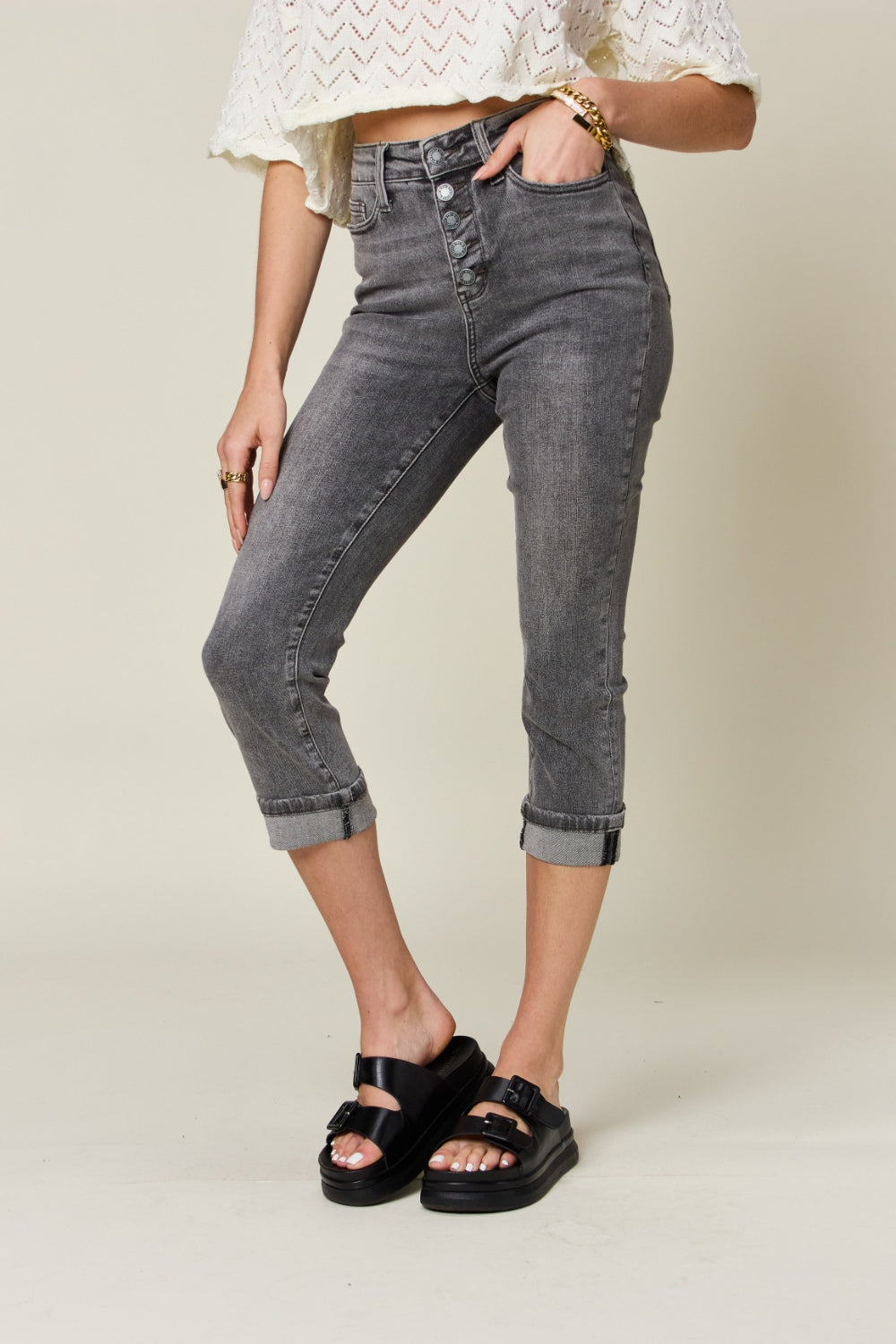 Judy Blue Full Size Button Fly High Waist Cuffed Capris-Teresa&#39;s Fashionista LLC