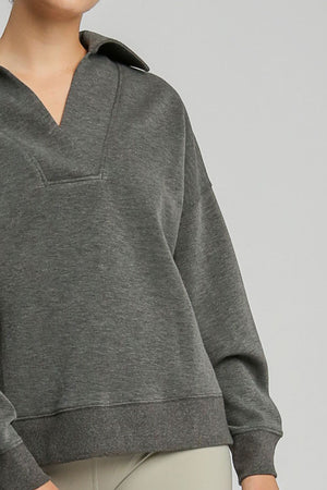 Umgee Johnny Collar Dropped Shoulder Sweatshirt - Teresa's Fashionista LLC