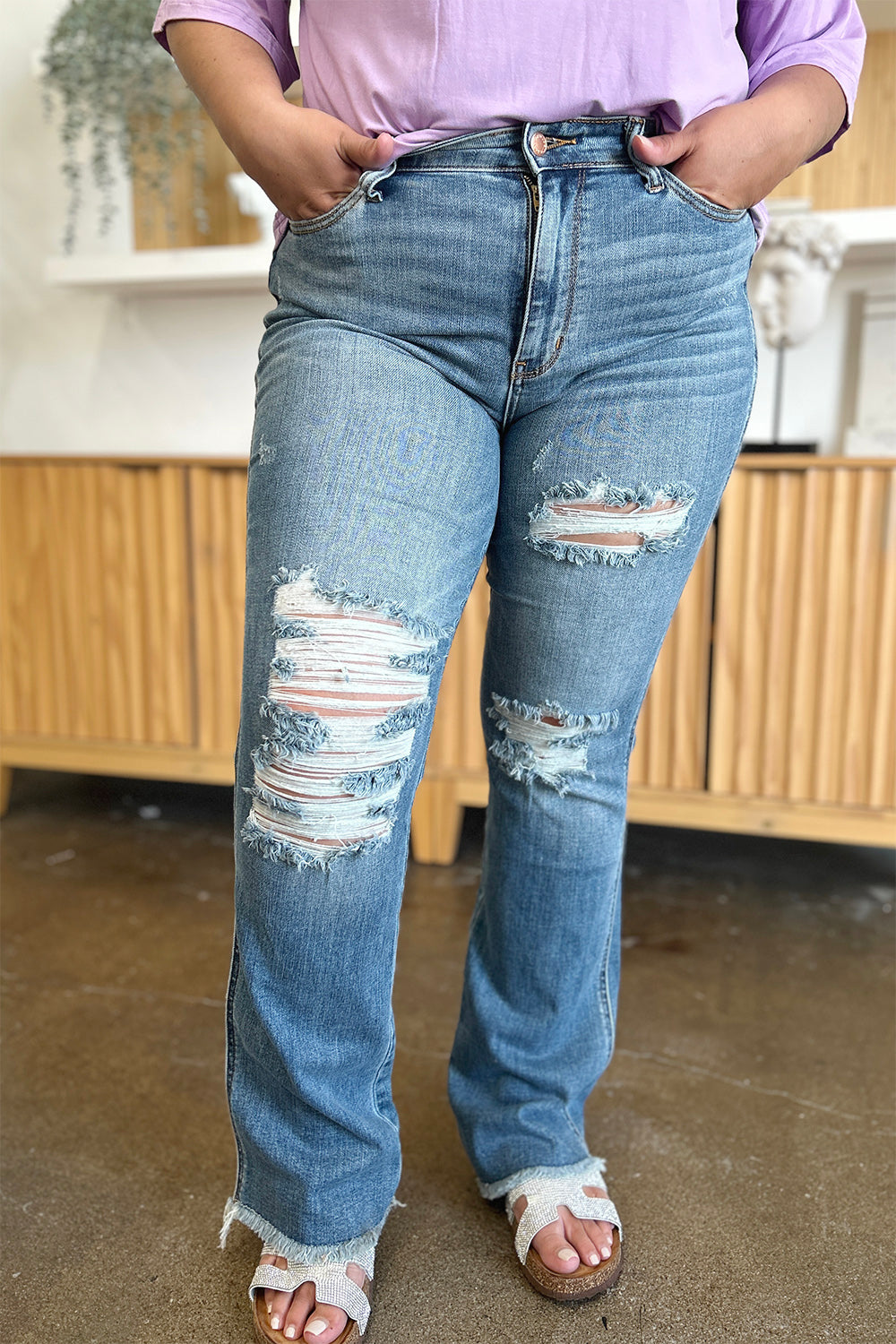 Judy Blue Full Size Distressed Raw Hem Bootcut Jeans - Teresa's Fashionista LLC