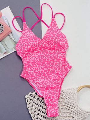 Leopard Plunge Spaghetti Strap One-Piece Swimwear-Teresa's Fashionista LLC
