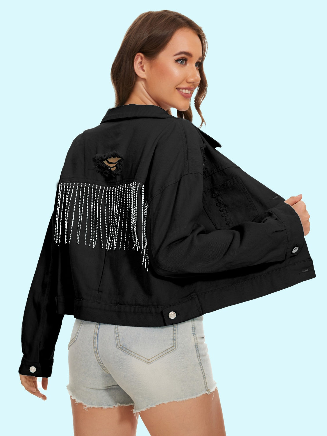 Distressed Distressed Button Up Denim Jacket-Teresa&#39;s Fashionista LLC