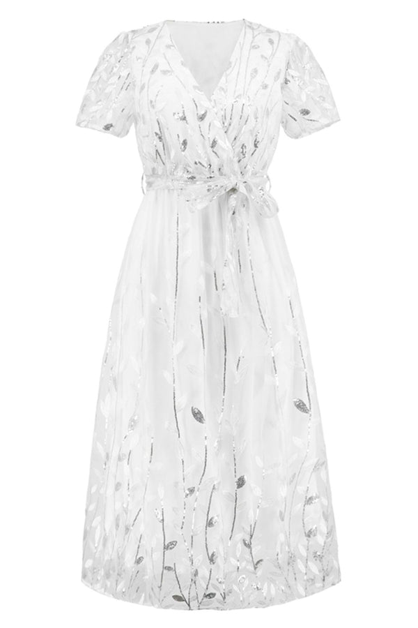 Sequin Leaf Embroidery Tie Front Short Sleeve Dress-Teresa's Fashionista LLC