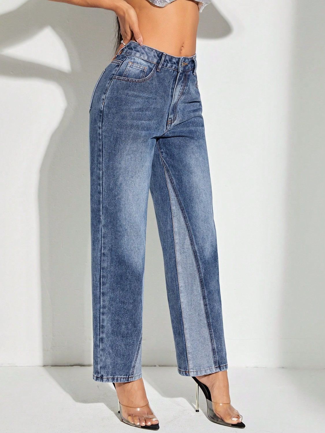 Contrast Patchwork Straight Jeans with Pockets - Teresa's Fashionista LLC