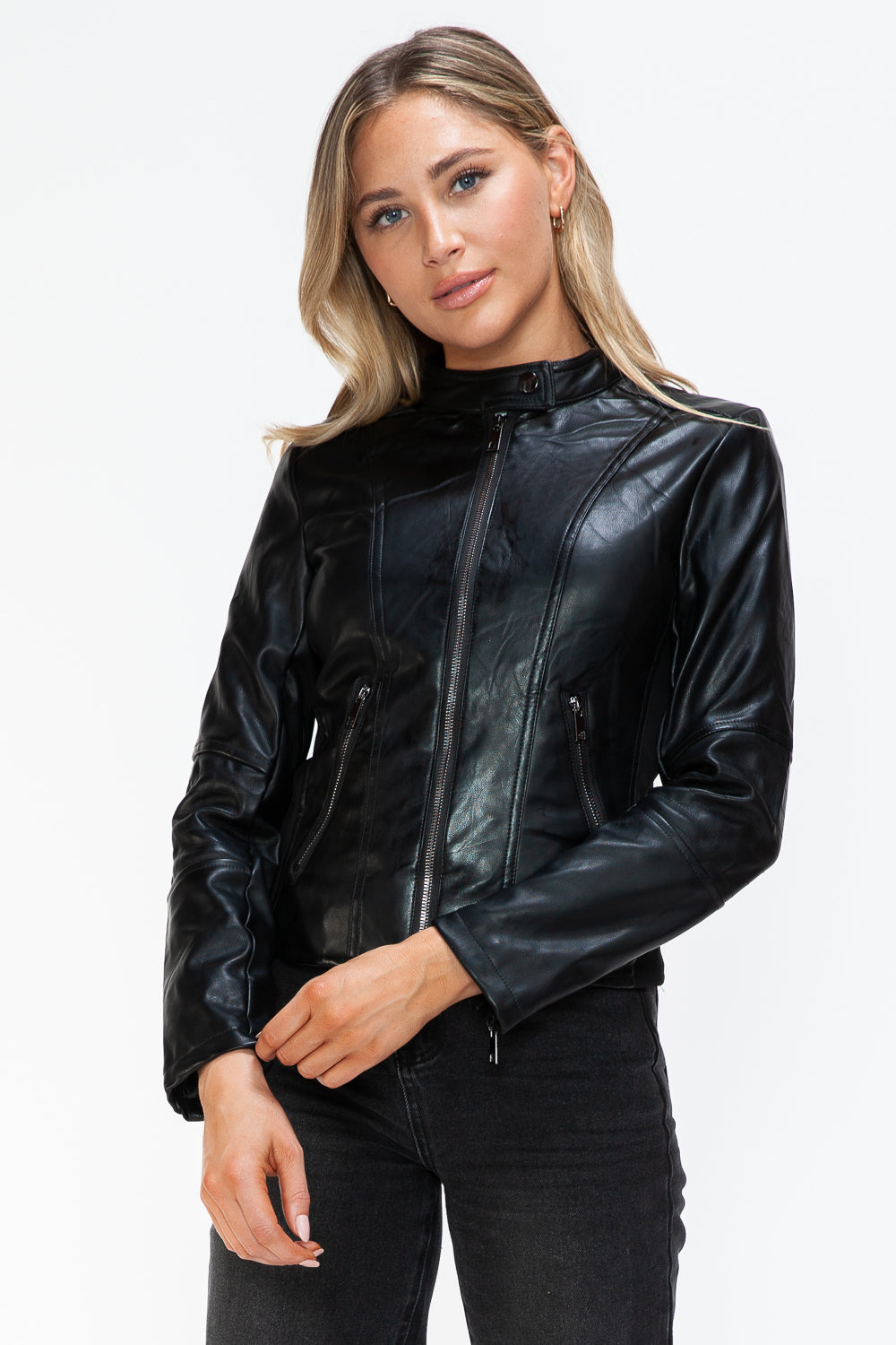 Snobbish Faux Leather Zip Up Drawstring Hooded Jacket - Teresa's Fashionista LLC