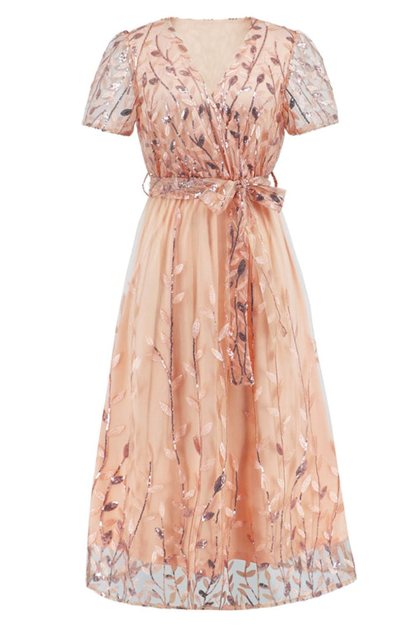 Sequin Leaf Embroidery Tie Front Short Sleeve Dress-Teresa's Fashionista LLC