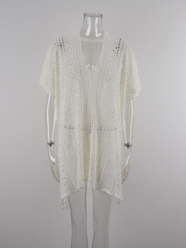 Cutout V-Neck Cover-Up with Tassel-Teresa's Fashionista LLC