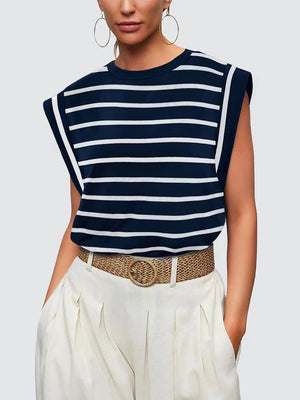Striped Round Neck Cap Sleeve T-Shirt-Teresa's Fashionista LLC