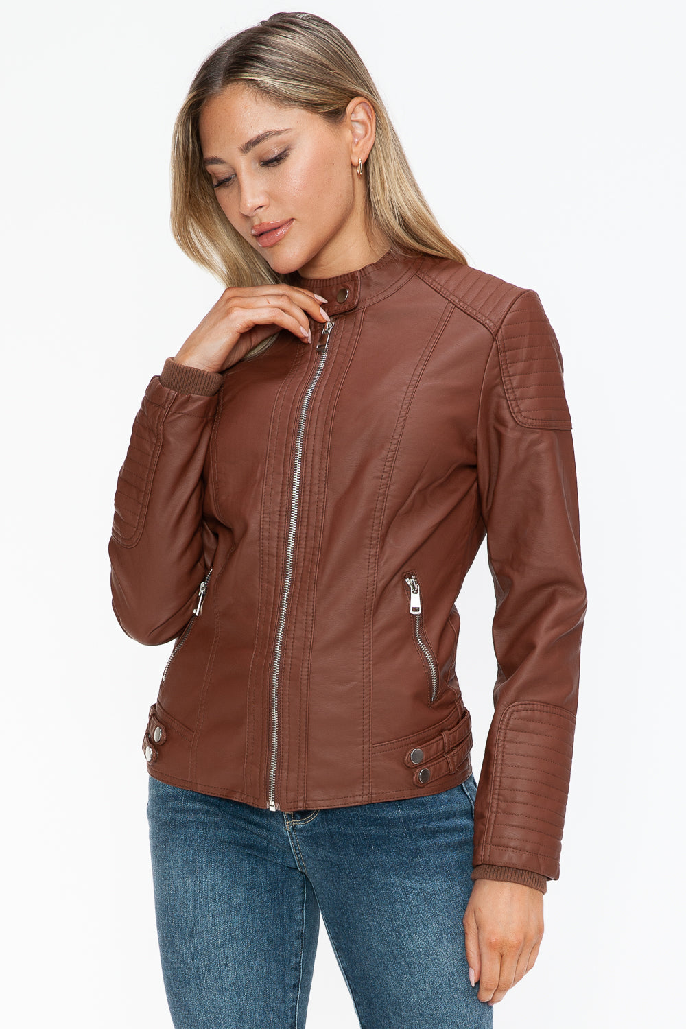 Snobbish Faux Leather Biker Jacket with Side Zip Pockets - Teresa's Fashionista LLC