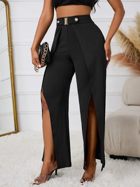 Ladies' Solid Color Belt, Loose Wide Leg Slit, Elegant Straight Leg Pants - Teresa's Fashionista LLC