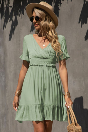 Smocked Waist Flounce Sleeve Ruffle Hem Dress-Teresa's Fashionista LLC