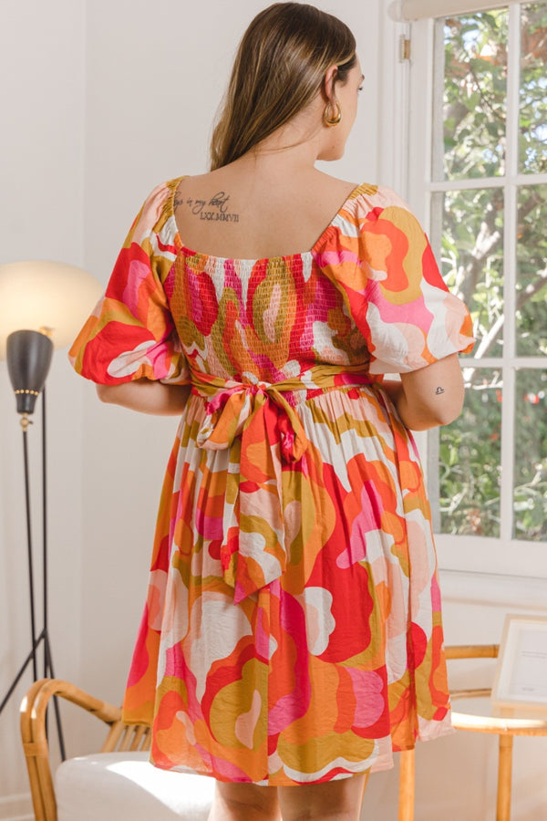 ODDI Full Size Printed Tied Back Short Sleeve Mini Dress-Teresa's Fashionista LLC