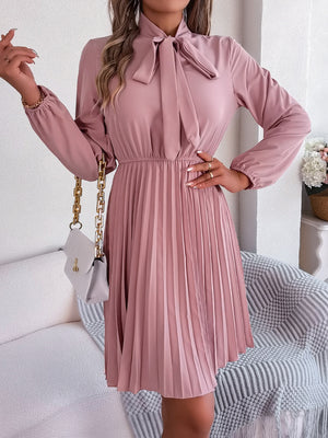 Tie Neck Balloon Sleeve Pleated Dress-Teresa's Fashionista LLC
