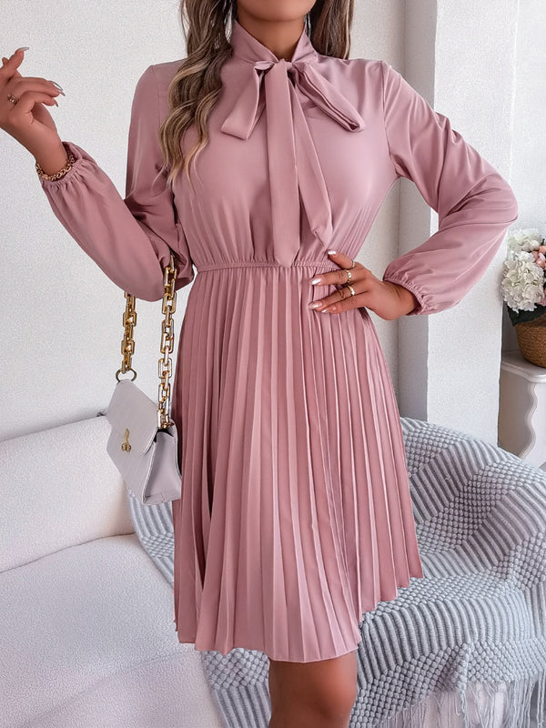 Tie Neck Balloon Sleeve Pleated Dress-Teresa's Fashionista LLC