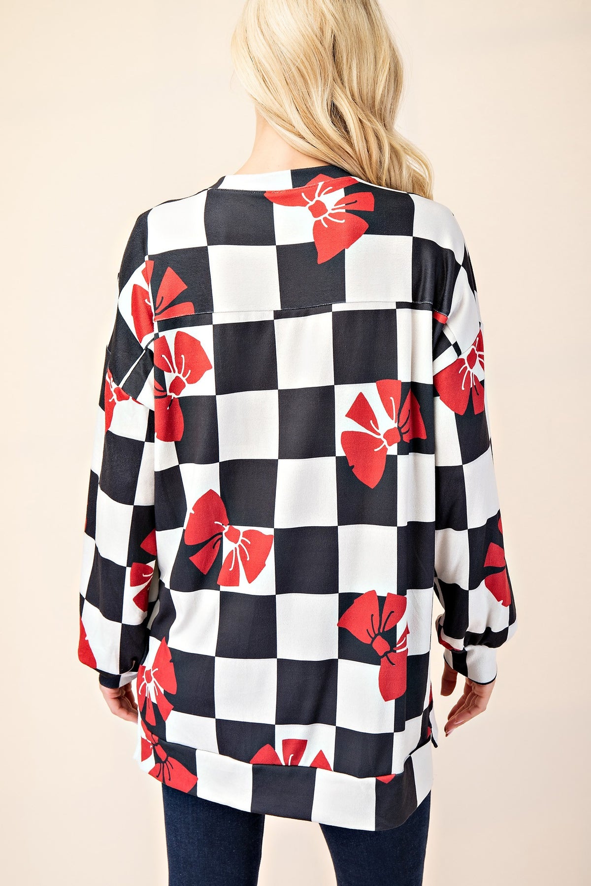 Celeste Full Size Checkered Bow Print Round Neck T-Shirt - Teresa's Fashionista LLC