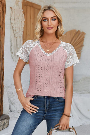 Eyelet V-Neck Lace Short Sleeve T-Shirt-Teresa's Fashionista LLC