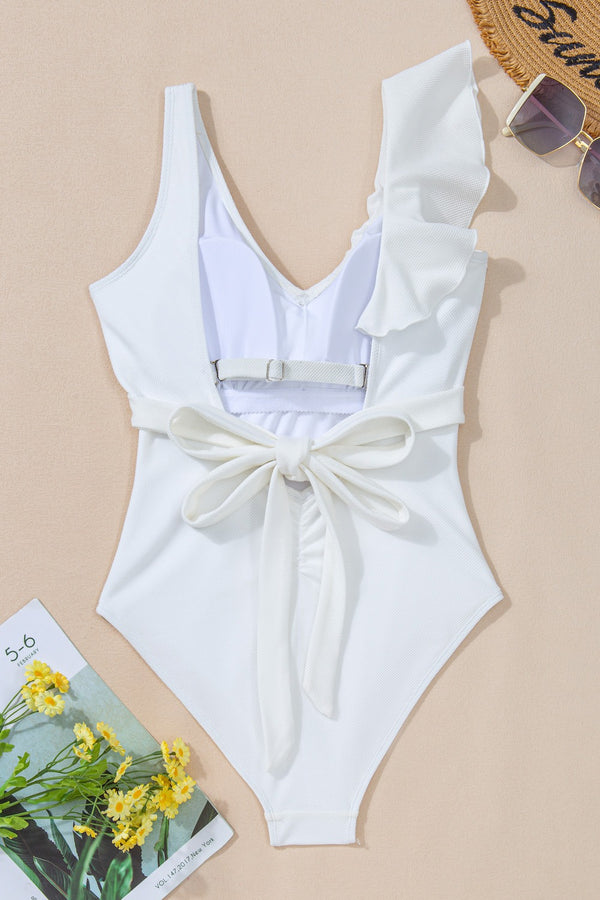 Ruffled V-Neck Wide Strap One-Piece Swimwear-Teresa's Fashionista LLC
