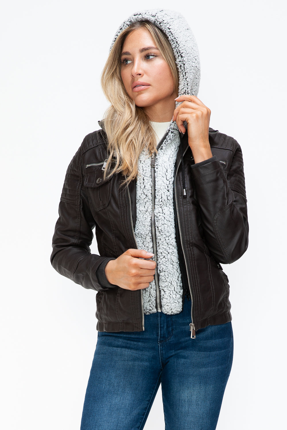 YMI Removable Faux Layered Multi-Pocket Jacket with Fuzzy Hood - Teresa's Fashionista LLC