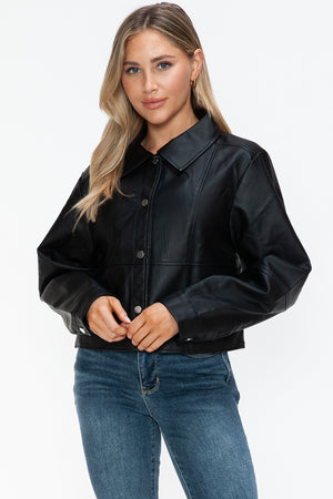 Snobbish Snap Down Long Sleeve PU Leather Jacket - Teresa's Fashionista LLC