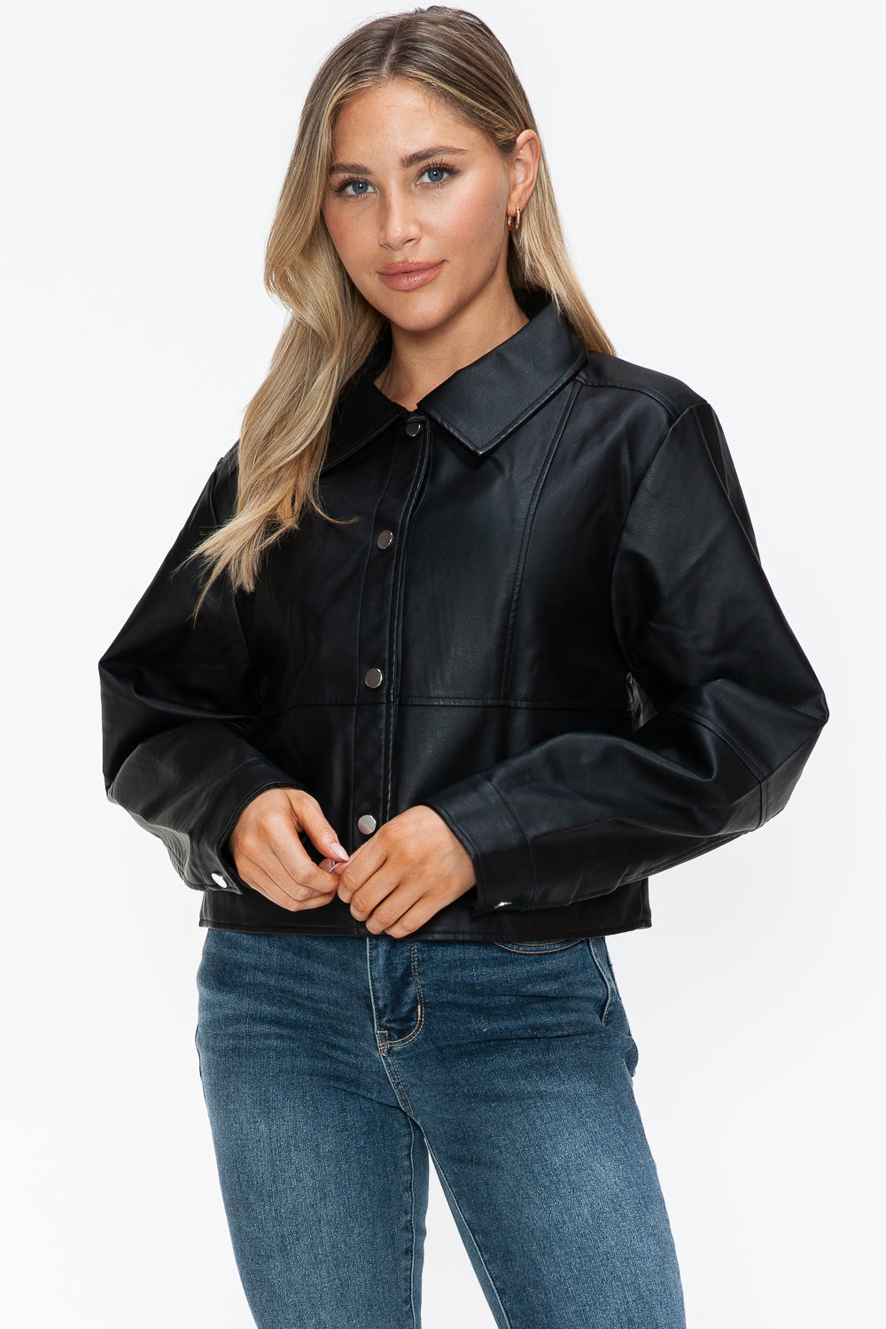 Snobbish Snap Down Long Sleeve PU Leather Jacket - Teresa's Fashionista LLC