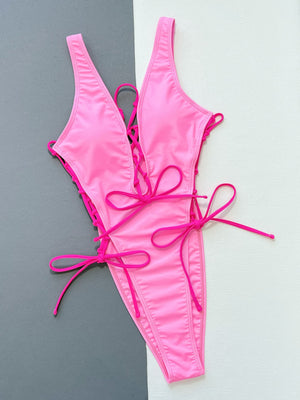 Lace-Up Deep V Sleeveless One-Piece Swimsuit-Teresa's Fashionista LLC