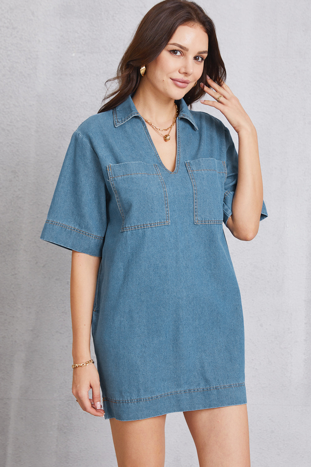 Pocketed Collared Neck Mini Denim Dress-Teresa's Fashionista LLC
