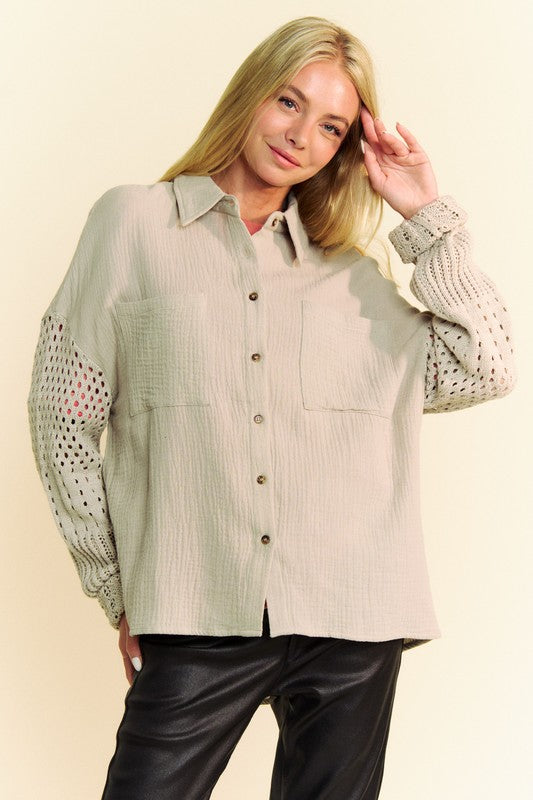 Davi & Dani Crochet Sleeve Crinkled Texture Shirt - Teresa's Fashionista LLC
