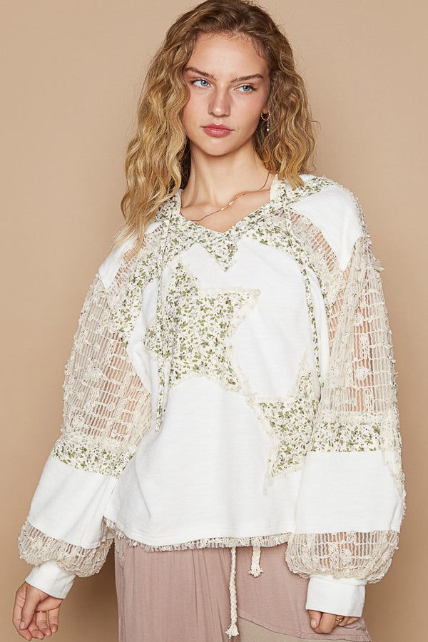 POL Star Patch Lace Contrast Long Sleeve Hooded Top - Teresa's Fashionista LLC