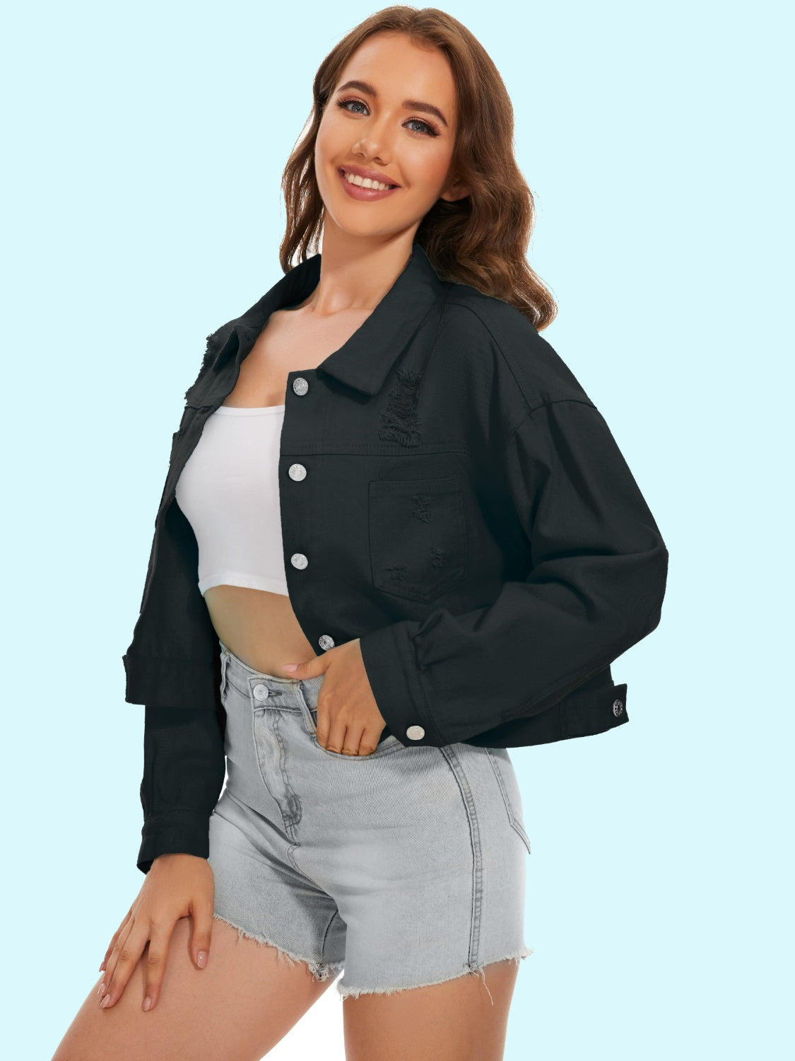 Distressed Distressed Button Up Denim Jacket-Teresa&#39;s Fashionista LLC