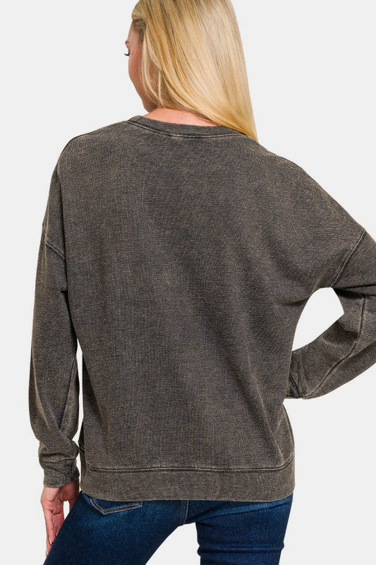 Zenana Washed Round Neck Dropped Shoulder Sweatshirt - Teresa's Fashionista LLC