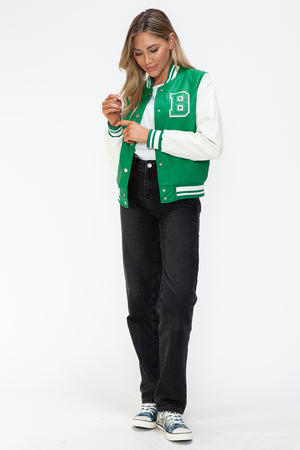 Love Me Now PU Leather Contrast Snap Down Bomber Jacket - Teresa's Fashionista LLC