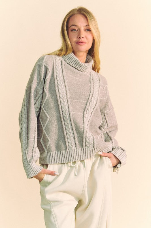 Davi & Dani Cable-Knit Turtleneck Dropped Shoulder Sweater - Teresa's Fashionista LLC