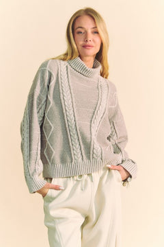 Davi & Dani Cable-Knit Turtleneck Dropped Shoulder Sweater - Teresa's Fashionista LLC
