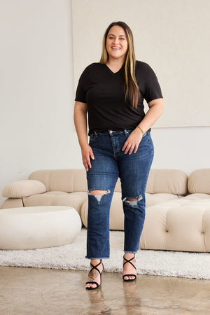 RFM Crop Dylan Full Size Tummy Control Distressed High Waist Raw Hem Jeans-Teresa's Fashionista LLC