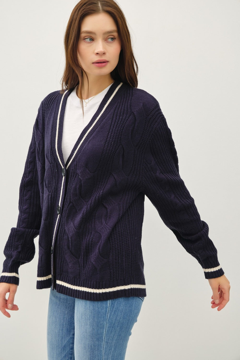 Be Cool Contrast Trim Cable-Knit V-Neck Cardigan - Teresa's Fashionista LLC