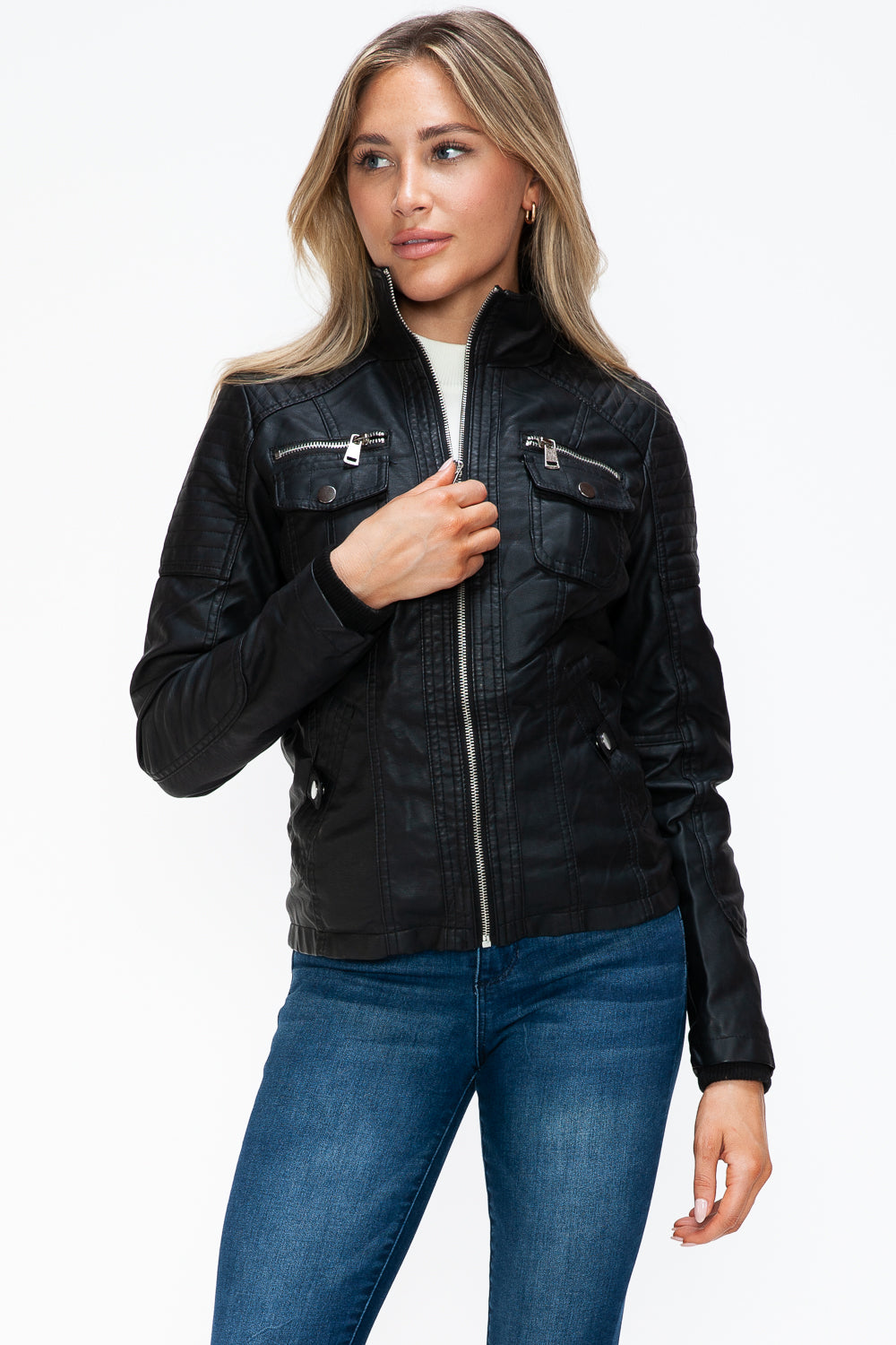 YMI Removable Faux Layered Multi-Pocket Jacket with Fuzzy Hood - Teresa's Fashionista LLC