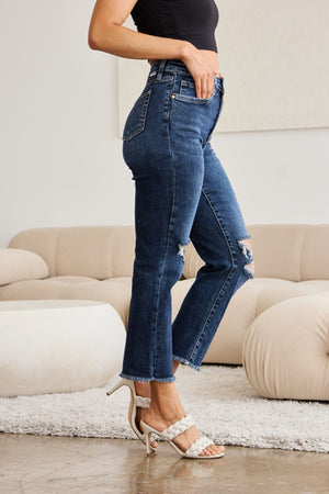 RFM Crop Dylan Full Size Tummy Control Distressed High Waist Raw Hem Jeans-Teresa's Fashionista LLC