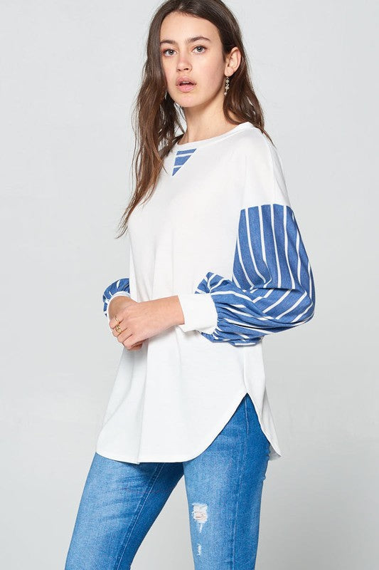 Super Lady Full Size French Terry Striped Long Sleeve Top - Teresa's Fashionista LLC