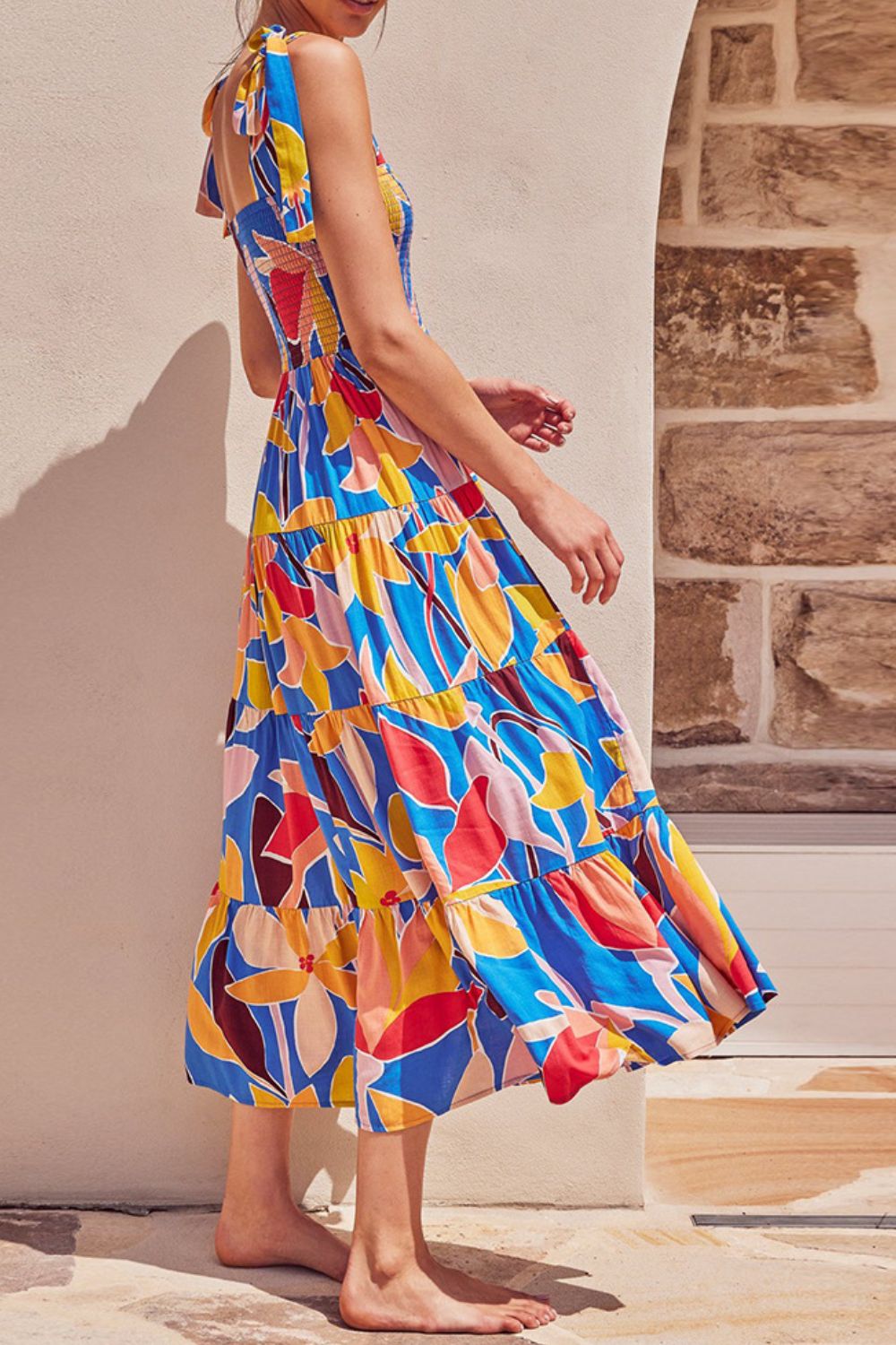 Floral Tie Shoulder Smocked Tiered Dress-Teresa's Fashionista LLC