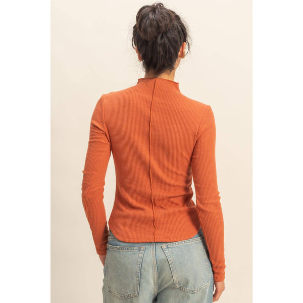 Ribbed High Neck Seam Detail Long Sleeve Top