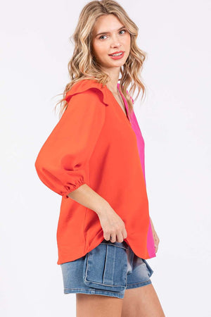 GeeGee Full Size Ruffle Trim Contrast Blouse-Teresa's Fashionista LLC