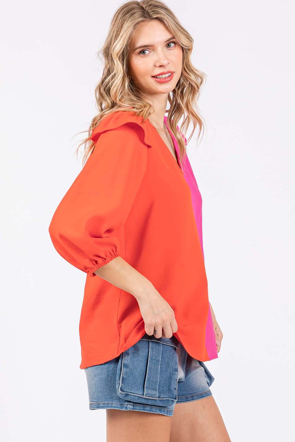 GeeGee Full Size Ruffle Trim Contrast Blouse-Teresa&#39;s Fashionista LLC