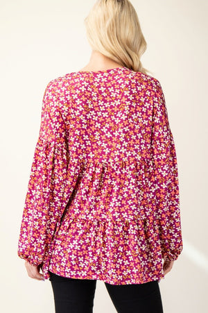 Celeste Full Size Floral V-Neck Balloon Sleeve Blouse - Teresa's Fashionista LLC
