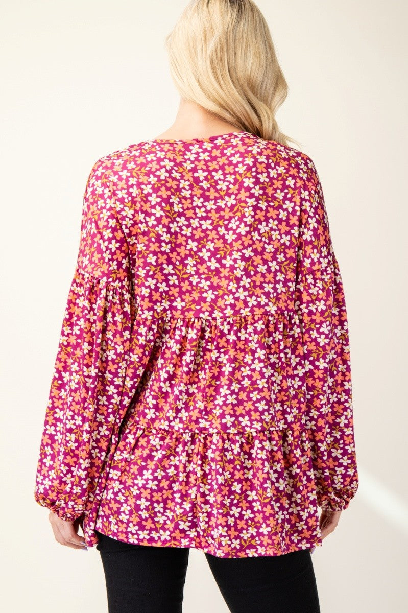 Celeste Full Size Floral V-Neck Balloon Sleeve Blouse - Teresa's Fashionista LLC