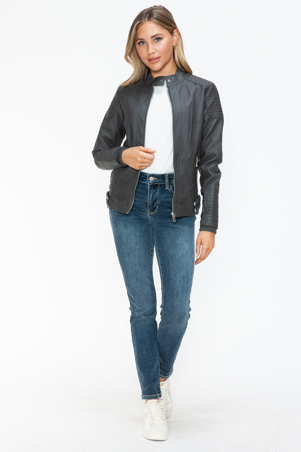 Snobbish Faux Leather Biker Jacket with Side Zip Pockets - Teresa's Fashionista LLC