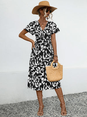 Printed V-Neck Short Sleeve Dress-Teresa's Fashionista LLC