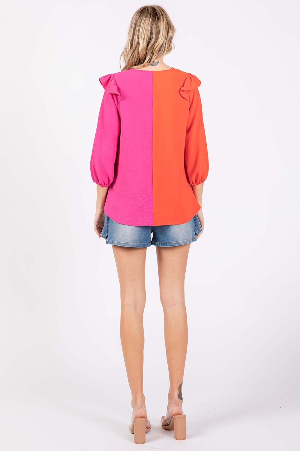 GeeGee Full Size Ruffle Trim Contrast Blouse-Teresa&#39;s Fashionista LLC